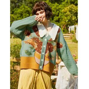 Van Gogh ‘Sunflowers’ Painting Vintage Oversized Knit Button Up Cardigan